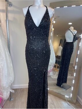 Primavera Couture Black Sequin Halter Prom Gown
